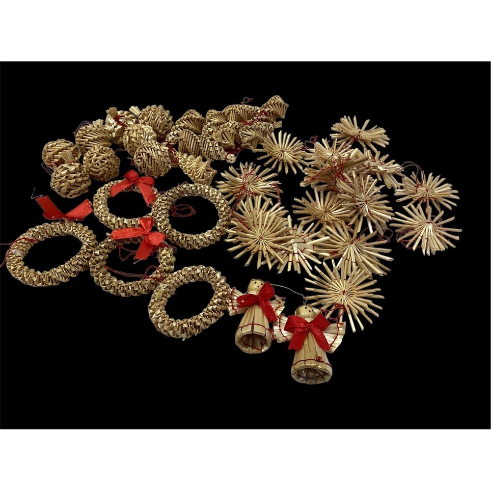 Lot Of 30+ Vintage Scandinavian Woven Straw Christmas Ornaments Folksy Germany